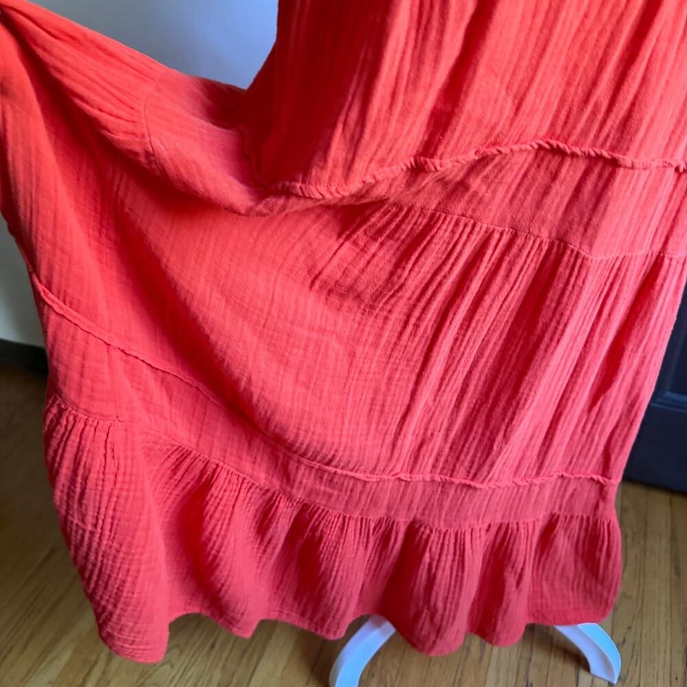 FELICITÉ Red Orange Gauze Smocked Tiered Midi Length Cap Sleeve Dress XS - Picture 2 of 7